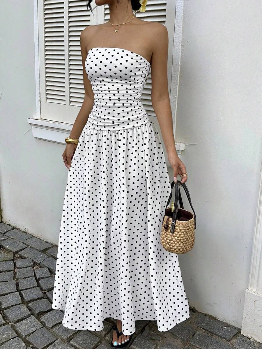 MainGRL Women's White Polka Dot Print Ruffle Fashionable Strapless Maxi Tube Dress, Suitable For Vacation,Fall Outfits For Women,Wedding Guest Dress,Birthday Dresses For Women ,Going Out Outfits,
