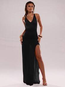 SHEIN BAE 女式纯色V领无袖开衩夏季露背镂空连衣裙 - 黑色 - 查看 3