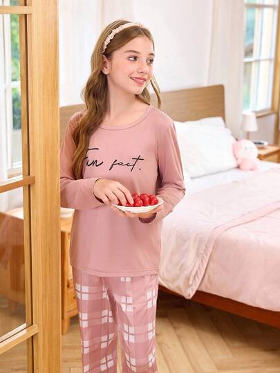 SHEIN Girls' Casual Letter & Plaid Print Long Sleeve Pajama Set