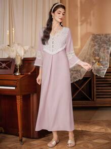 PalaceNights 优雅粉色长款睡裙，蕾丝边饰V领设计，女士睡衣连衣裙，秋冬款 - 粉色 - 查看 4