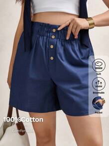 Zelara SHEINLUNE 女士加大码蓝色亚麻弹力荷叶边休闲短裤，夏季女装，春假夏季波西米亚风复古棉质秋季女装 - 藍色 - 查看 1