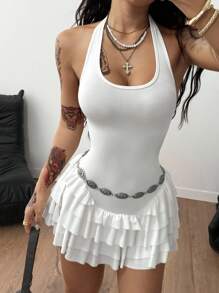 Coolane 女士春季 Y2K 外出日常穿着基本款音乐节针织挂脖荷叶边连衣裙