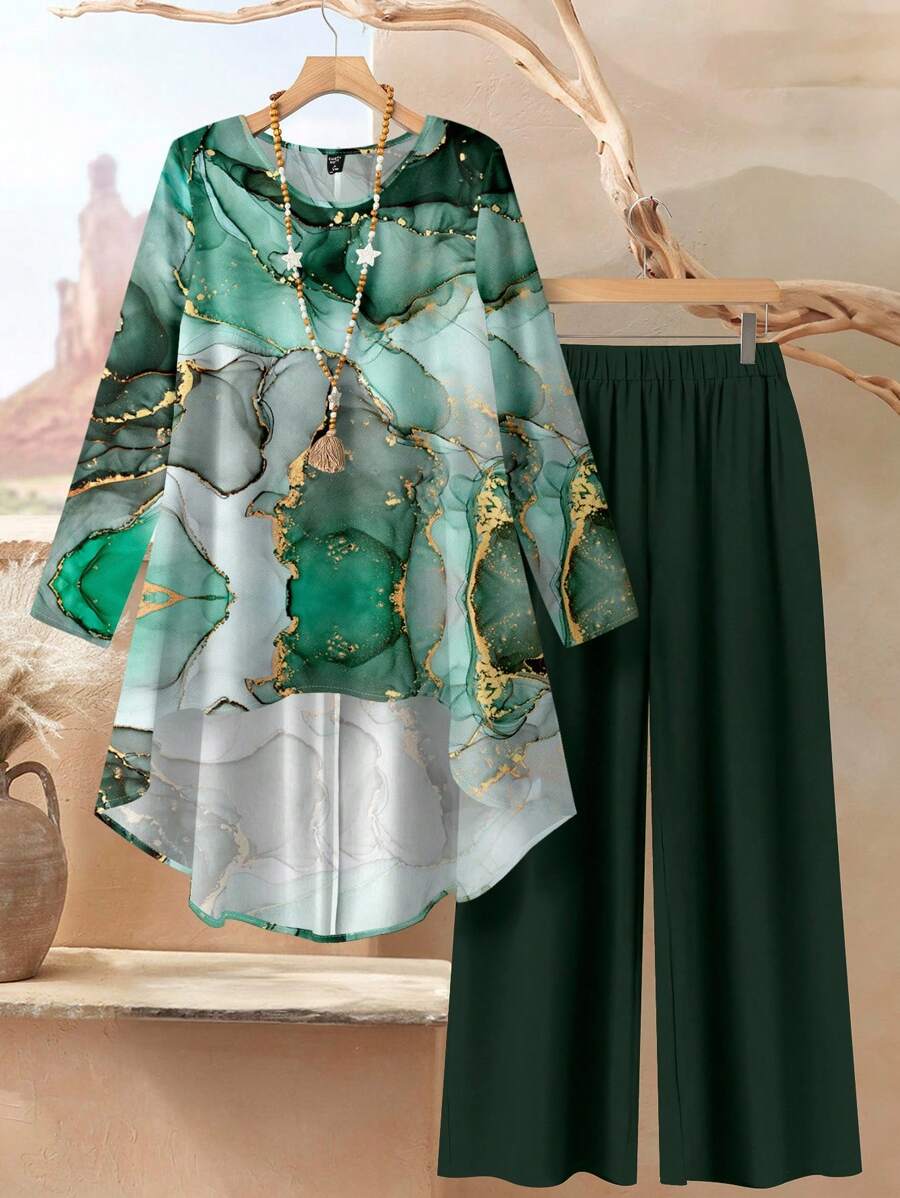 Rusticease Elegant Textured Pattern Three Quarter Sleeve Tee And Long Pants For Women Fall Clothes - Multicolor - View 1