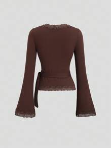 Sweetra Áo thun dài tay ren ôm sát dành cho nữ - màu nâu - Xem 2