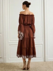 Zanirela Autumn/Winter New Women's Off Shoulder Sleeve Floral Contrast Color Embroidery Ruffle Hem Long Sleeve Vintage Layered Flared Waist Maxi Dress - Brown - View 2