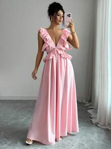 Elenzga Women Sexy Solid Deep V-Neck Tie Backless Layered Ruffle Trim Long Dress Fall Cloth For Women - Pink - View 4