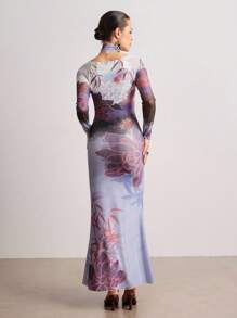 ROMWE Avant New Chinese Style Printed Mesh Fitted Dress With Scarf - Multicolor - View 2