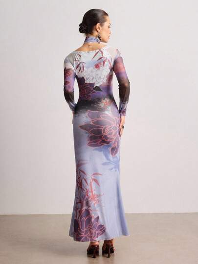 ROMWE Avant New Chinese Style Printed Mesh Fitted Dress With Scarf