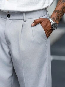Manfinity Homme Men's Solid Color Fold Pleated Pocket Casual Pants Men Pleated Dress Pants Men Light Grey Dress Pants Men Suit Pants