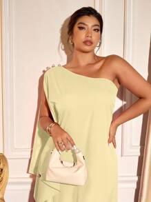 Cravure Váy maxi xếp nếp một bên vai phong cách nghỉ dưỡng tối giản màu trơn cỡ lớn dành cho nữ - Màu vàng - Xem 3
