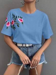 RueChic 100%Cotton T-Shirt With Flower Embroidery, Round Collar - Blue - View 4