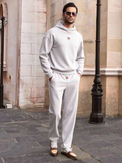 HIMLAND Set de 2 piezas de chándal casual para hombre con sudadera con capucha de punto holgada y pantalón de chándal de pierna recta, ropa de otoño e invierno