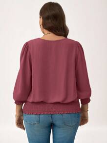 SHEIN LUNE 大码休闲纯色灯笼袖衬衫，新年假期女士朴素上衣 - 藕粉色 - 查看 2