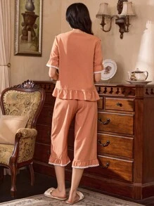 French Elegant Lace Patchwork Romantic Women Pajama Set - Orange - View 2