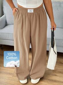 SHEIN EZwear 新款休闲卡其色百搭简约裤，加大码 - 卡其色 - 查看 2