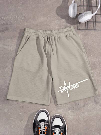 EURMUSE Pantalones cortos de algodón 100% para hombres, de textura casual, con cordón en la cintura y estampado de letras en inglés manuscritas, para primavera y verano