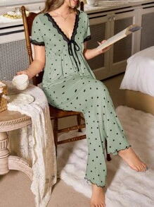 CottageSlumber 2pcs Polka Dot Print Contrast Color Lace Bow V-Neck Short Sleeve Pajama Set For Women Women Pajama Set Polka Dot Pajama Set Sage Green Pajama Set Lingerie Pajama Set
