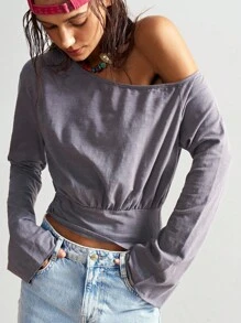 Bohemela 波西米亚风美式休闲纯色针织单肩喇叭袖女式T恤 - 灰色 - 查看 4