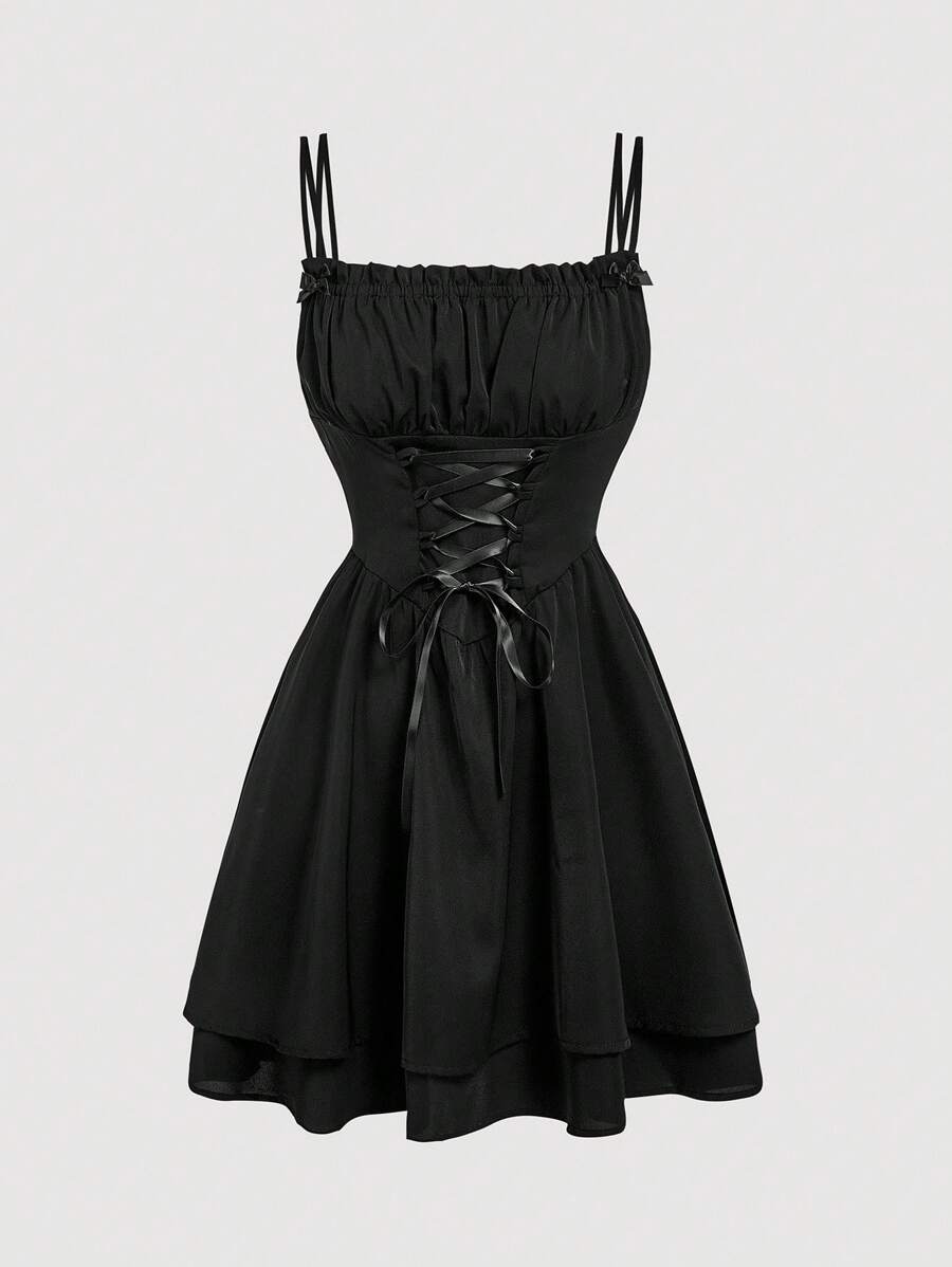 SHEIN MOD Women's Solid Color Lace Up Tie Spaghetti Strap Dress - Black - View 1