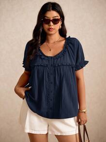Elaquor Plus Size Women's Solid Color Frill Trim Round Neck Single-Breasted Short Sleeve Casual Shirt Spring To Summer - Navy Blue - View 2