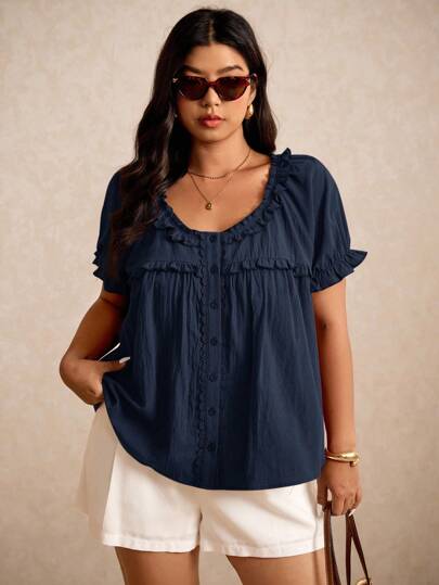 Elaquor Plus Size Women's Solid Color Frill Trim Round Neck Single-Breasted Short Sleeve Casual Shirt Spring To Summer