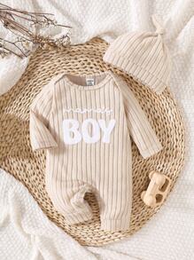 SHEIN Combinaison à manches longues et chapeau pour bébé unisexe nouveau-né, imprimé de lettres, confortable et décontracté. Convient pour toute occasion en automne et en hiver - Kaki - Voir 1