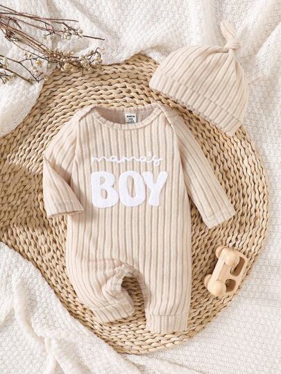 SHEIN Newborn Unisex Baby Autumn Comfortable Casual Letter Print Long Sleeve Jumpsuit + Hat Jumpsuit, Suitable For Any Occasion Fall Winter