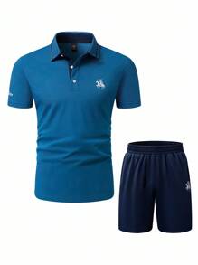 Manfinity Homme 男士刺绣纽扣 Polo 衫和口袋短裤休闲两件套（L 码不对称款） - 藍色 - 查看 4