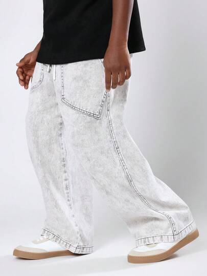 SUMWON 宽松阔腿牛仔裤复古风格溜冰裤舒适日常休闲复古水洗牛仔街头潮流青少年男孩时尚宽松周末装