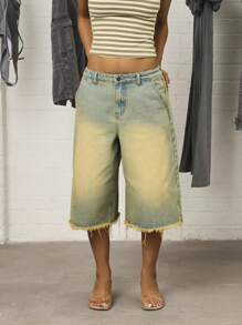 COUREZ 低腰长款水洗牛仔短裤/Y2K出街穿搭可爱性感度假装女式街头复古阔腿裤 - 淺色水洗藍 - 查看 3