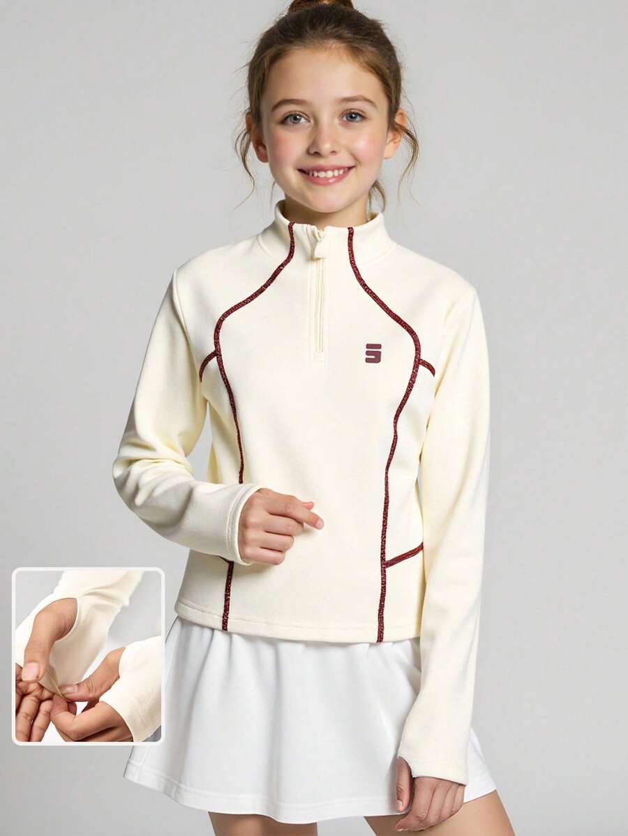 JNSQ T-shirt de sport à manches longues pour préadolescentes pour la rentrée scolaire, Top de sport extérieur sans couture à contraste de couleur 4 aiguilles 6 fils pour enfants