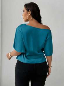 Maweii Áo sơ mi nữ cỡ lớn tay ngắn viền bèo gợi cảm, thanh lịch, thường ngày, màu xanh dương, thích hợp mặc đi làm mùa hè. - Màu xanh ngọc - Xem 2