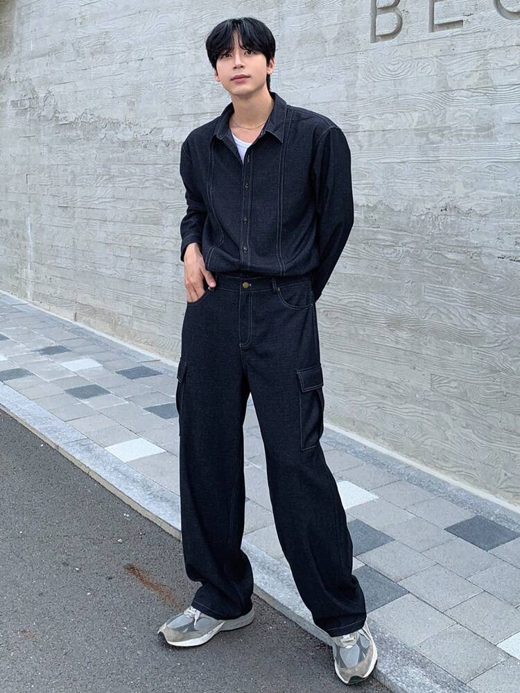 Navy Textured Fabric Men's Shirt And Cargo Pants Set, Autumn Business Attire