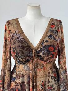 Flirla 加大码女式腰果花卉印花撞色蕾丝 V 领喇叭袖时尚衬衫 - 彩色 - 查看 3