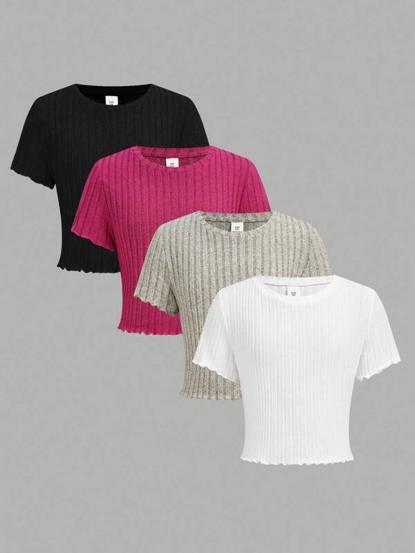 Girlism 4pcs Tween Girls' Solid Color Fuzzy Ribbed Crew Neck Short Sleeve T-Shirt Set Girls Ribbed Crop Tops 3 Pack Crop Tops Tween Crop Tops Ribbed Teen Tops Girls Summer Tops
