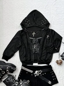 Sunspun 大码女式秋冬开襟连帽夹克，带索环，系带，流苏饰边，复古朋克休闲黑色夹克 - 黑色 - 查看 3