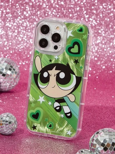 THE POWERPUFF GIRLS X SHEIN Durable And Fashionable Mobile Phone Case, Four-Sided Thick Airbag Anti-Drop, Buttercup Pattern Chiffon Protective Cover Design, Compatible With IPhone 11 - 17 Pro Max ,Y2K