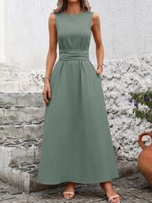 SHEIN Clasi Summer Casual Solid Color Cinched Waist Sleeveless Dress