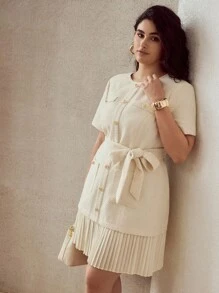 MOTF PREMIUM PLUS TWEED PLEATED HEM DRESS - Beige - View 4