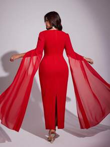 Viva Relle 大码女士优雅浪漫奢华派对、宴会、婚礼宾客、新年轻盈连衣裙，饰以钻石和珍珠，V领，雪纺泡泡袖，收腰设计，直筒廓形，长款连衣裙，秋冬款 - 紅色 - 查看 3