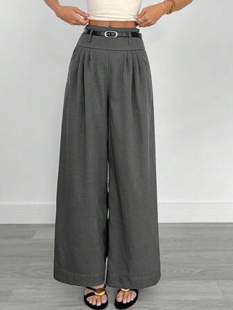 Siren Gaze ¡Ropa de mujer para el otoño! Pantalones anchos plisados de color gris oscuro, nueva colección 2025 - Esencial de vestimenta casual de negocios para oficina, ir y volver del trabajo y vuelta al colegio | Cintura alta con cinturón a juego GRATIS, perfecto para maestras, estilo casual de negocios, estética de dinero antiguo, imprescindible de otoño para atuendos de oficina para mujeres