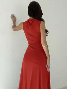 Firerie 女士优雅不对称肩部收腰A字型无袖针织连衣裙，紫红色，适合度假、海滩、派对 - 紅色 - 查看 2