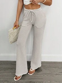 SHEIN Tall 高腰修身女士时尚系带条纹裤 - 彩色 - 查看 6