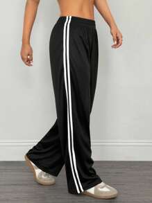 SHEIN PETITE Casual Black Side Striped Trousers Simple Fashion Daily Casual Loose Pants
