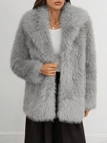 SHEIN Tall Women's Solid Color Faux Fur Jacket, Fashionable For Autumn/Winter Grey Faux Fur Coat