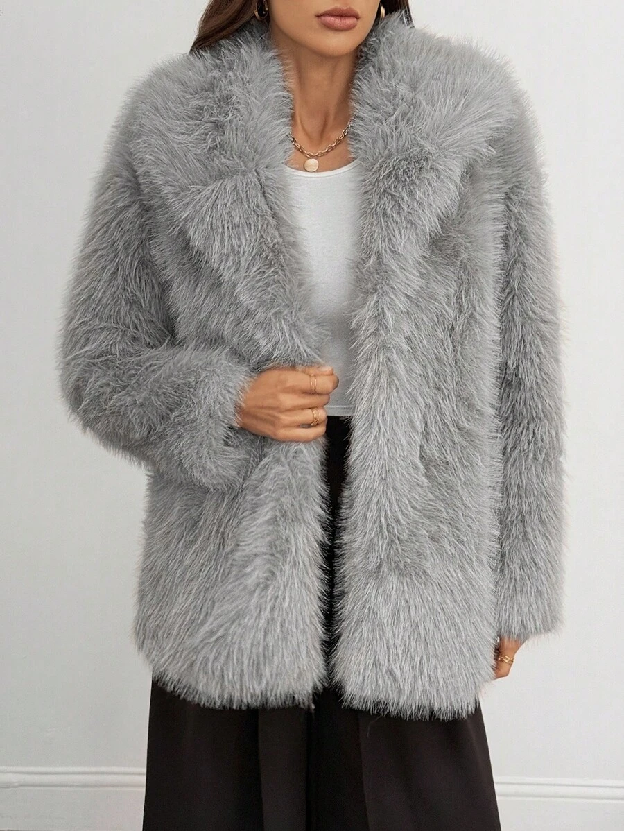 SHEIN Tall Women's Solid Color Faux Fur Jacket, Fashionable For Autumn/Winter Grey Faux Fur Coat