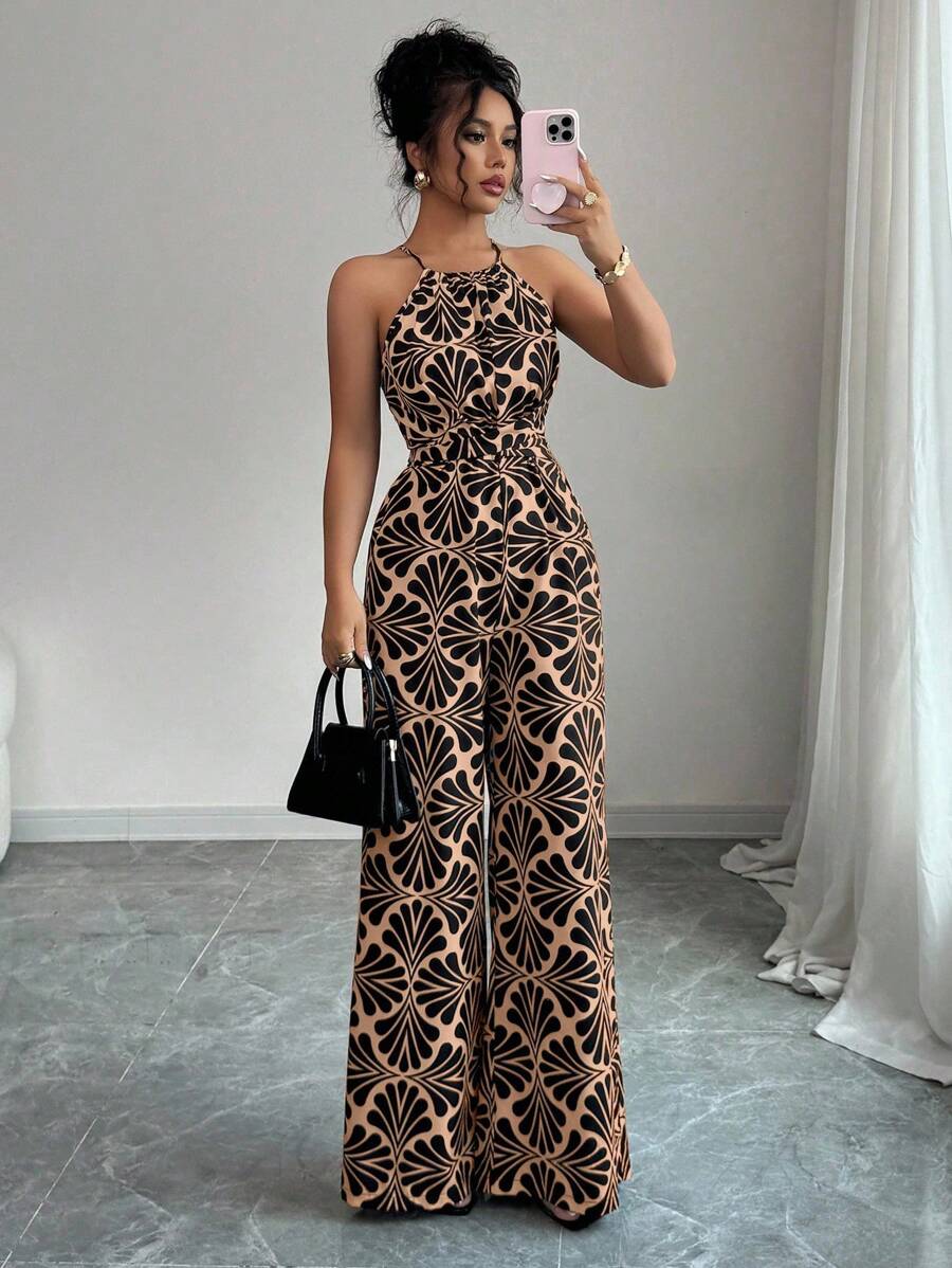 Selianne 女士印花面料束腰连体裤，优雅度假和日常穿着 - 棕色 - 查看 1