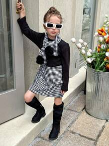 2pcs Young Girls Houndstooth Skirt & Stand Collar Knit T-Shirt Set, Fashion Outfit For Winter - Black - View 4