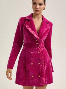 Aveloria Rosie Commuter Ruffle Trim Suit Skirt With Belt, A-Line Collared Long Sleeve Dress Fall Cloth For Women - Hot Pink - View 4