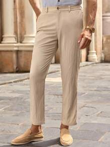 HIMLAND 男士松紧腰休闲日常通勤半正式裤男士亚麻裤男士米色裤子男士夏季裤子男士休闲裤轻便男裤，秋季 - 卡其色 - 查看 5